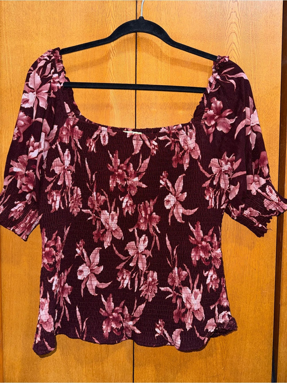 Smocked Square-Neck Floral Top in Burgundy Pink